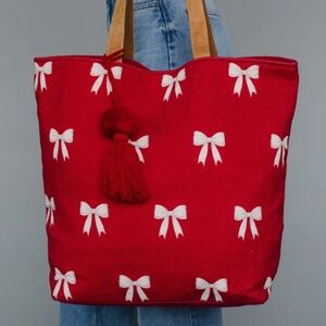 Red Tote Bag white bows - NEW